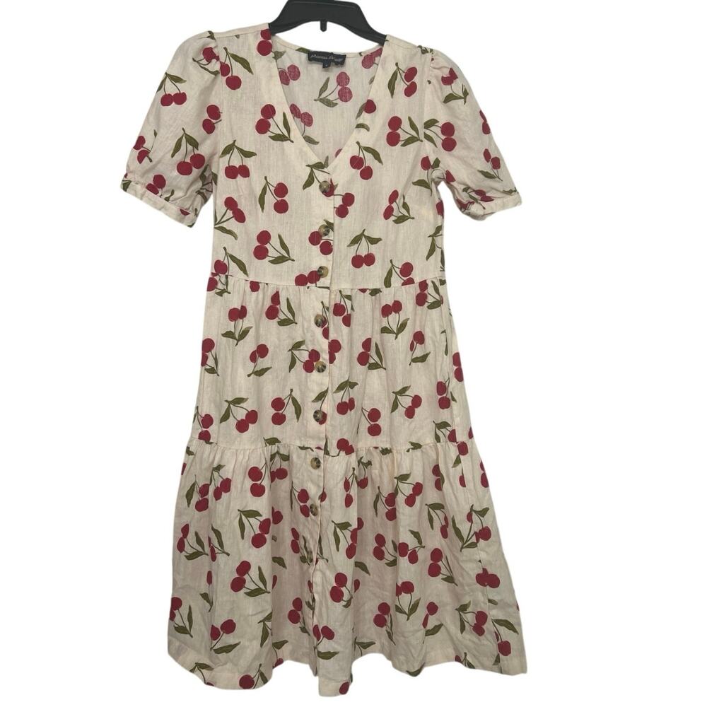 Princess Highway Cherry Print Linen Blend Cottage Whimsical Tiered Midi Dress 8